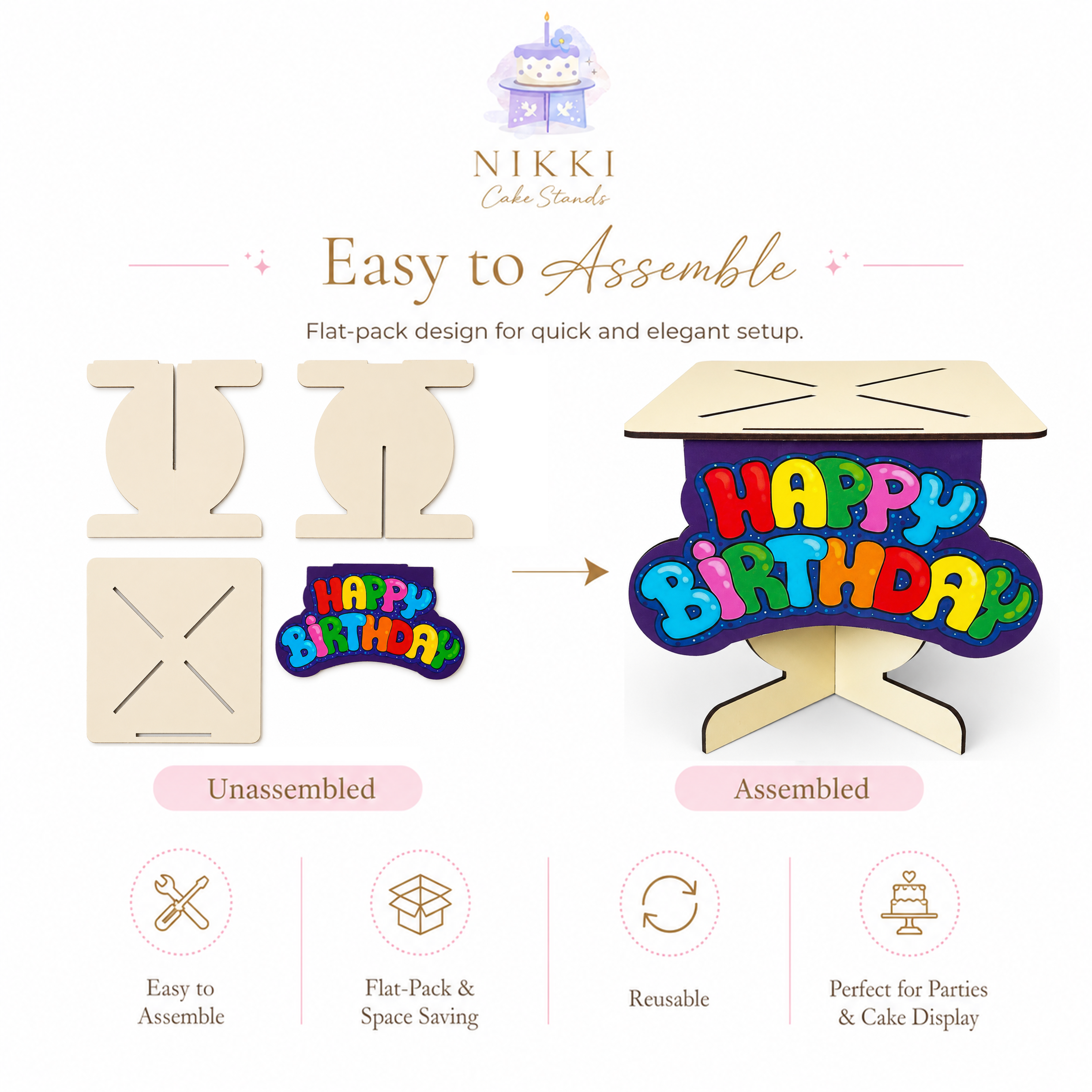 Happy Birthday Cake Stand – Reusable Flat-Pack Cake Display Stand